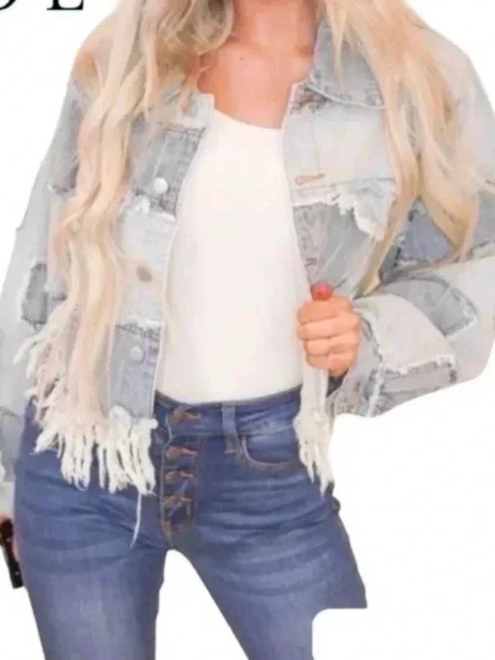 POL Blue Jean Patchwork Fringe Cropped Button Front Collared Jacket Large